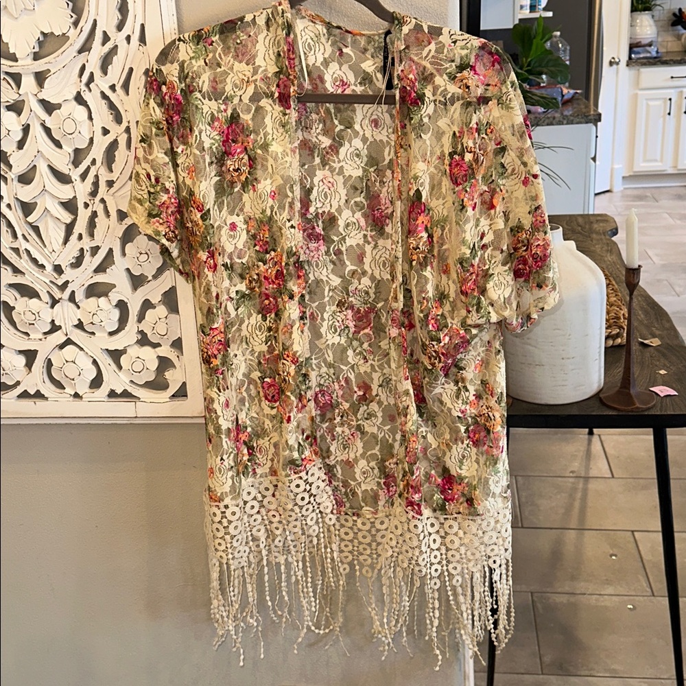 Sweet Rain Floral Lace Kimono  - Cream and Pink